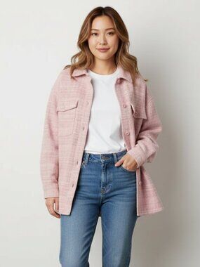 Babaton Aritzia Women's Shacket Joan Shirt Jacket Oversized Tweed Pink Plaid